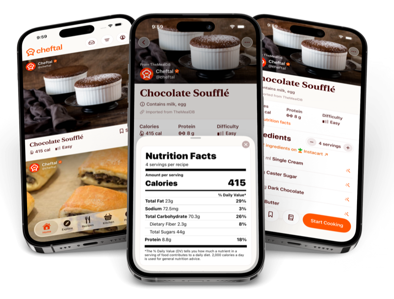 The Cheftal app showing a chocolate soufflé recipe, its nutrition facts, and ingredients